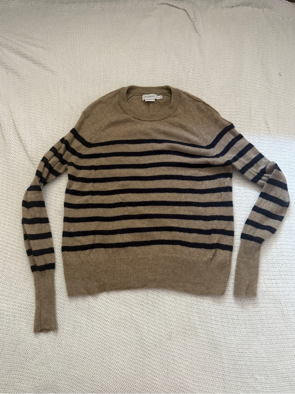 Evereve Brown Crewneck Sweater with Navy Stripes